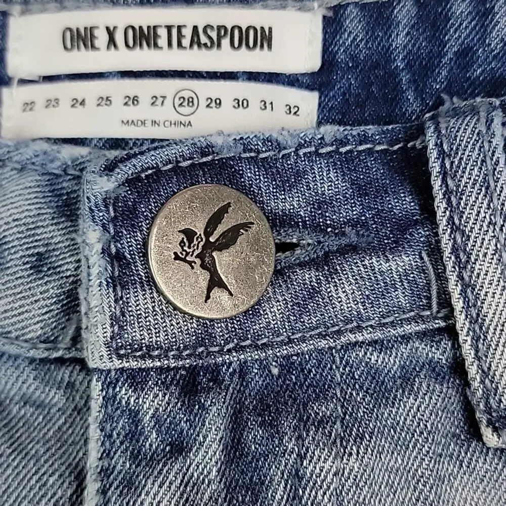 One‎ X One Teaspoon Acid Washed Destroyed Denim Jean Mini Skirt 28